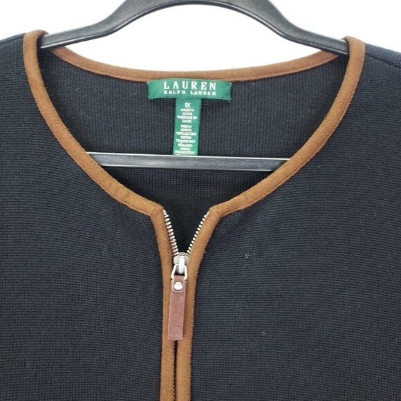 LRL Ralph Lauren Cardigan Women 1X Full Zip Cotton Sweater Black Knit Brown Trim - Picture 6 of 13